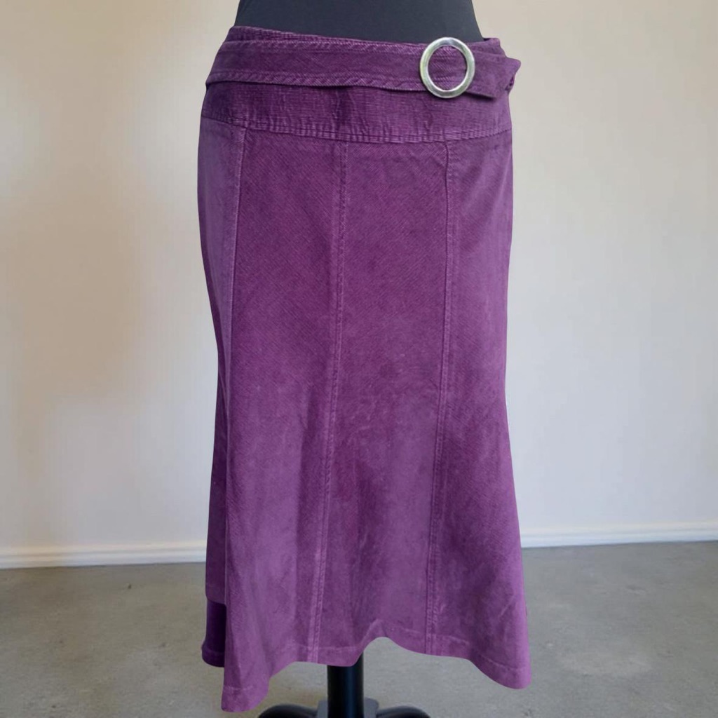 Vintage Talbots Purple Corduroy Paneled Midi Skirt Belted O-Ring Size 6